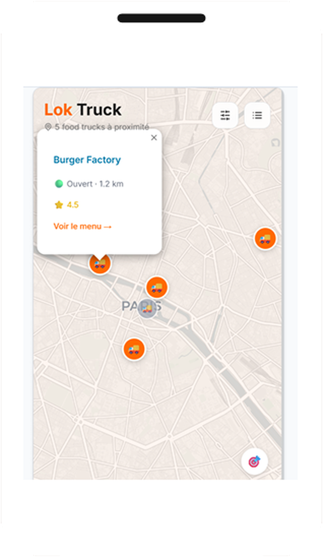 Maquette Loktruck : carte des food trucks à proximité